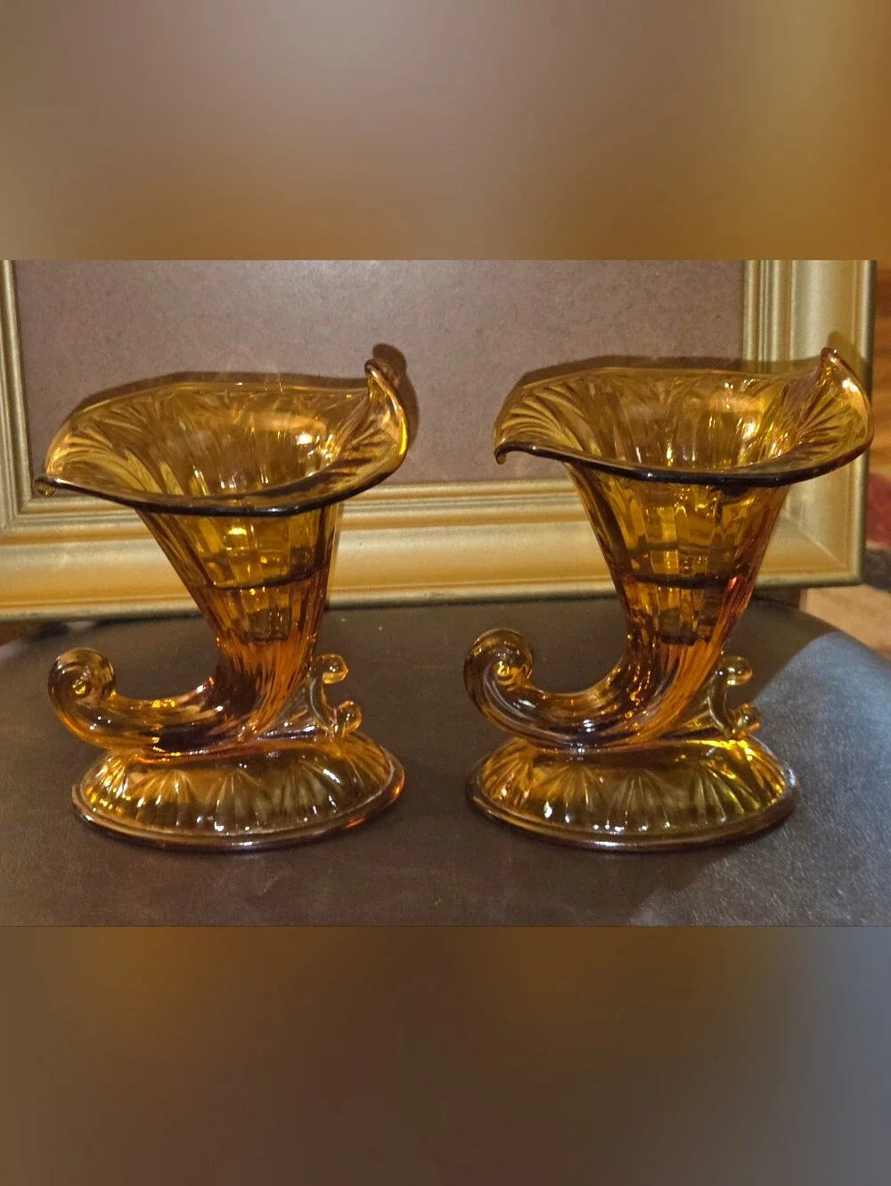 Set of Fenton Amber Glass Cornucopia Candleholders w Ruffled Rims & Fluted Base